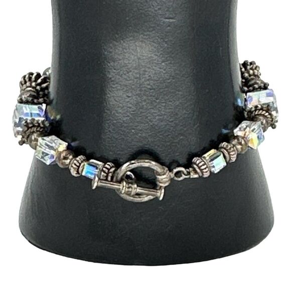 Aurora Borealis Sterling Silver Ball Textured Toggle Bracelet - Picture 3 of 7